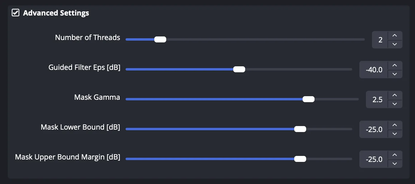 Advanced Properties panel with the 'Advanced Settings' checkbox enabled, displaying sliders for Threads, Guided Filter Eps, Mask Gamma, and Mask Bounds.