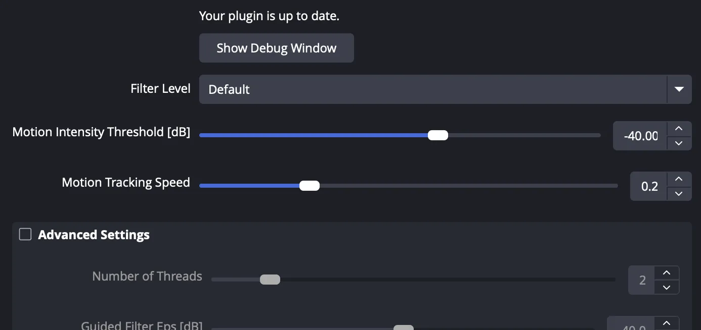 Screenshot of the Basic Properties panel showing Plugin Status, Debug Window toggle, and Motion Intensity settings.