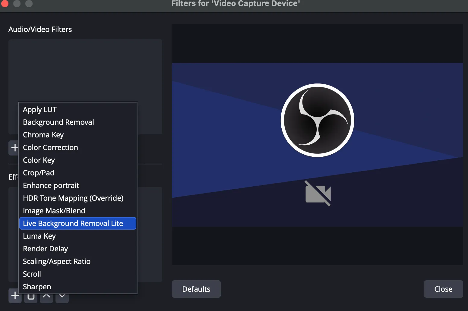 Screenshot of the OBS Studio Filters window, showing the selection of 'Live Background Removal Lite' from the Effect Filters list.