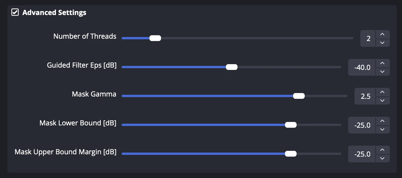 Advanced Properties panel with the 'Advanced Settings' checkbox enabled, displaying sliders for Threads, Guided Filter Eps, Mask Gamma, and Mask Bounds.